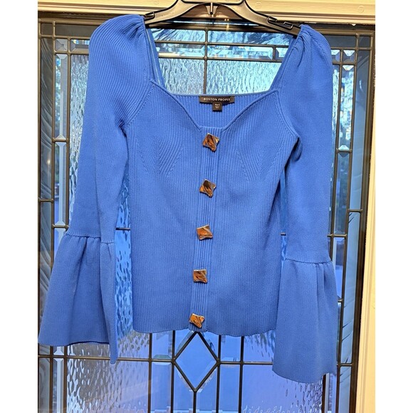 Boston Proper Sweater. Boho, Cottagecore Knit Royal Blue Small Sweetheart Neck - Picture 6 of 14